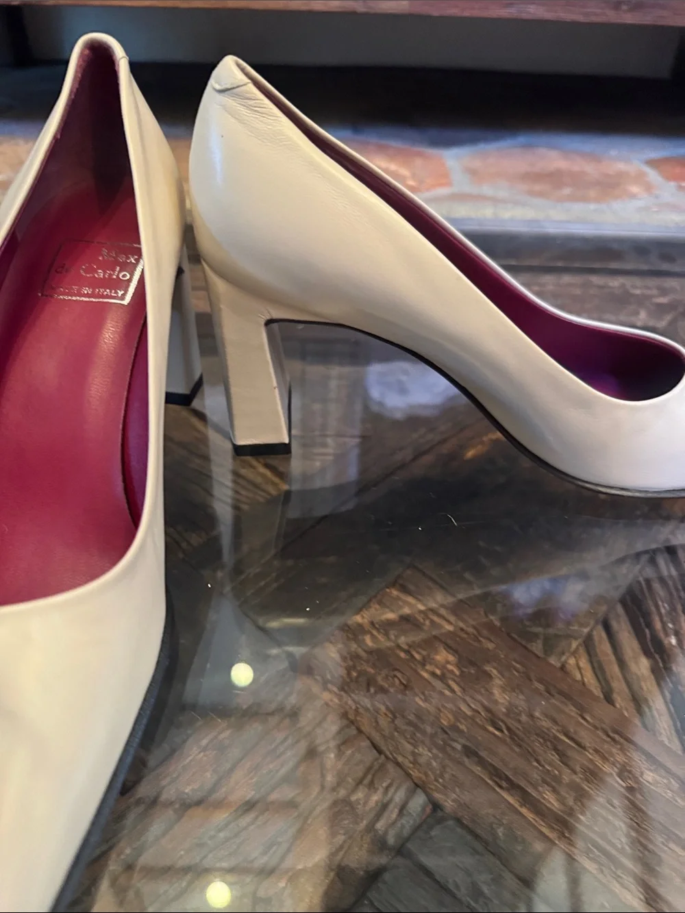 Max de Carlo Cream Leather Square-Toe Pumps with Burgundy Insole